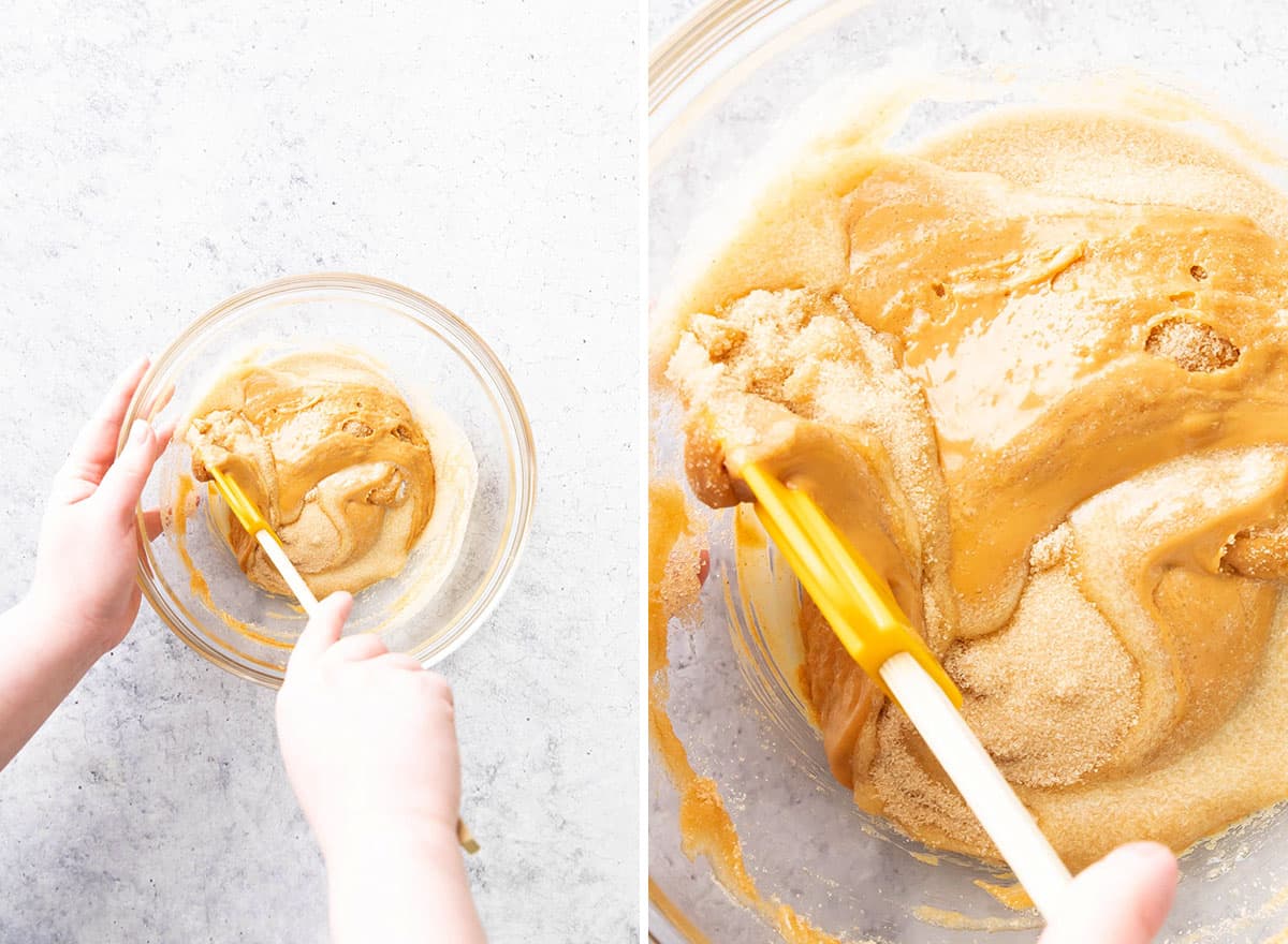 Two photos showing How to Make Keto Peanut Butter Cookies – folding ingredients together