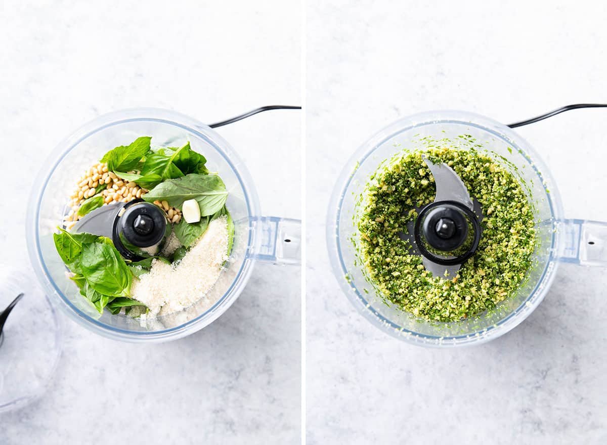 Two photos showing How to Make Pesto Pasta – blending pesto ingredients in a food processor