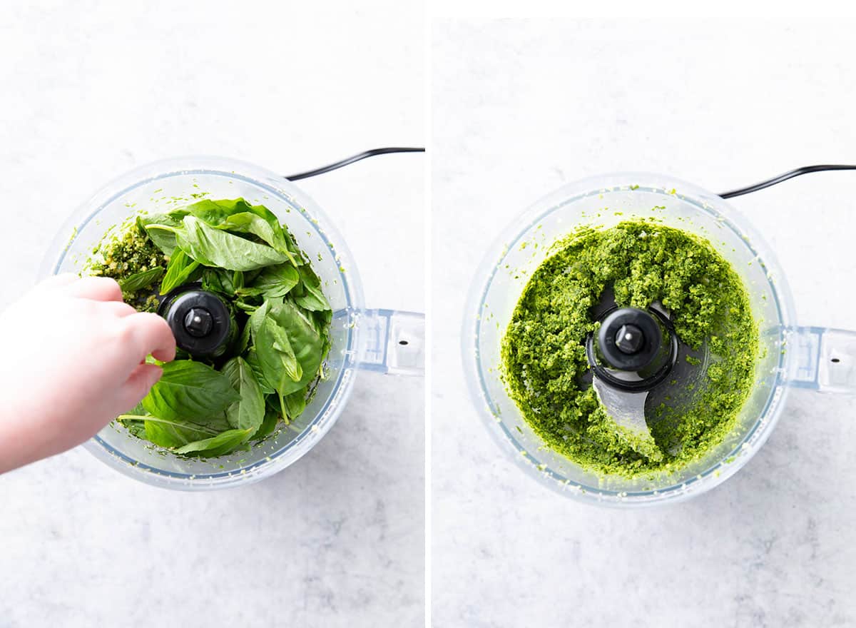 Two photos showing How to Make the sauce for this recipe – adding basil