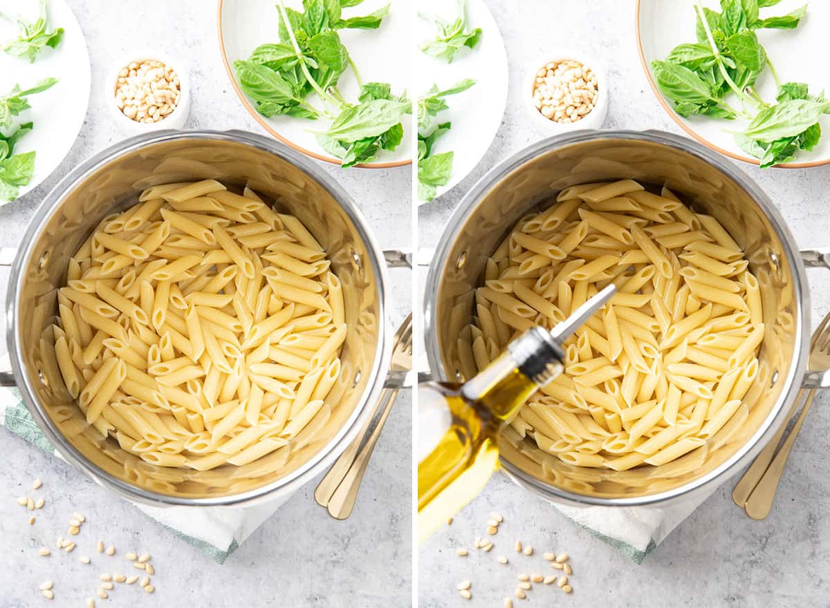 Two photos showing How to Make Pesto Pasta – cooking pasta and tossing with oil