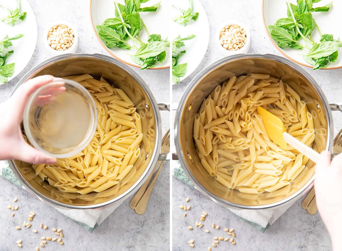 Two photos showing How to Make Pesto Pasta – tossing with pasta water