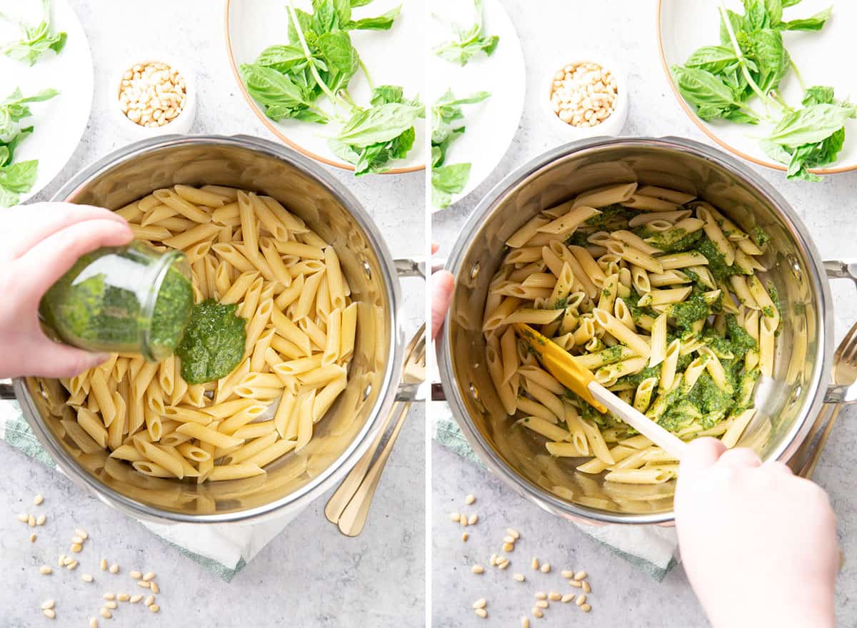 Two photos showing How to Make this recipe – coating pasta with pesto sauce