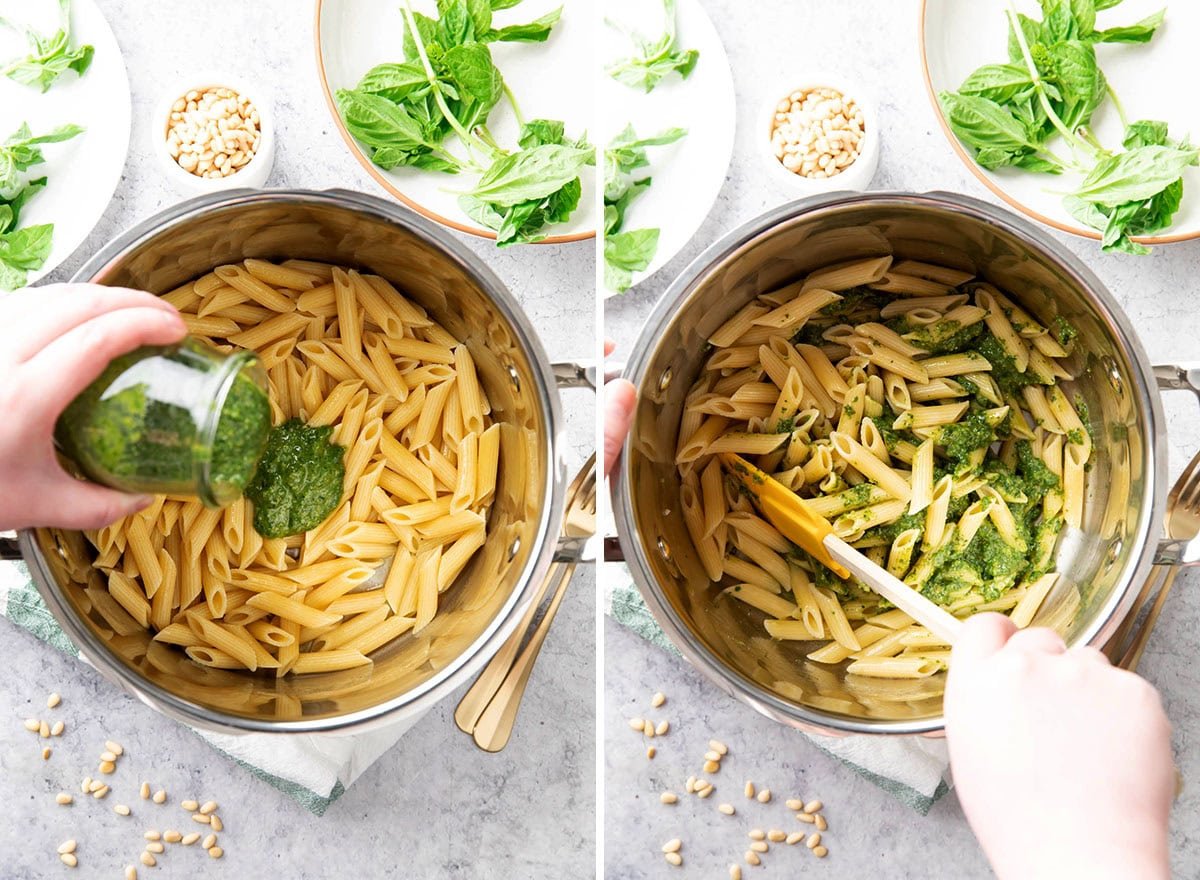 Two photos showing How to Make Pesto Pasta - stirring jarred pesto with penne pasta to make pesto parmesan pasta.