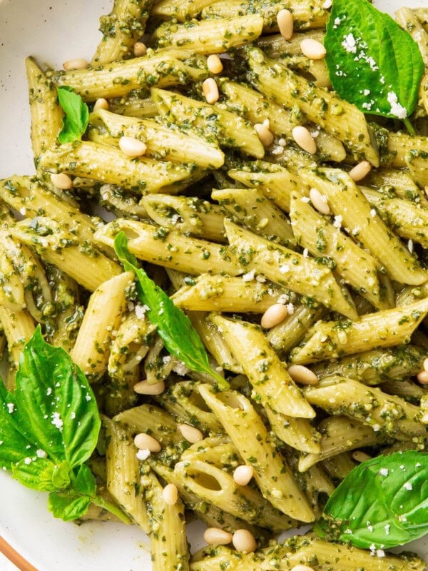 Pesto parmesan pasta includes pesto made with pine nuts topped with parmesan on penne pasta in a pasta bowl