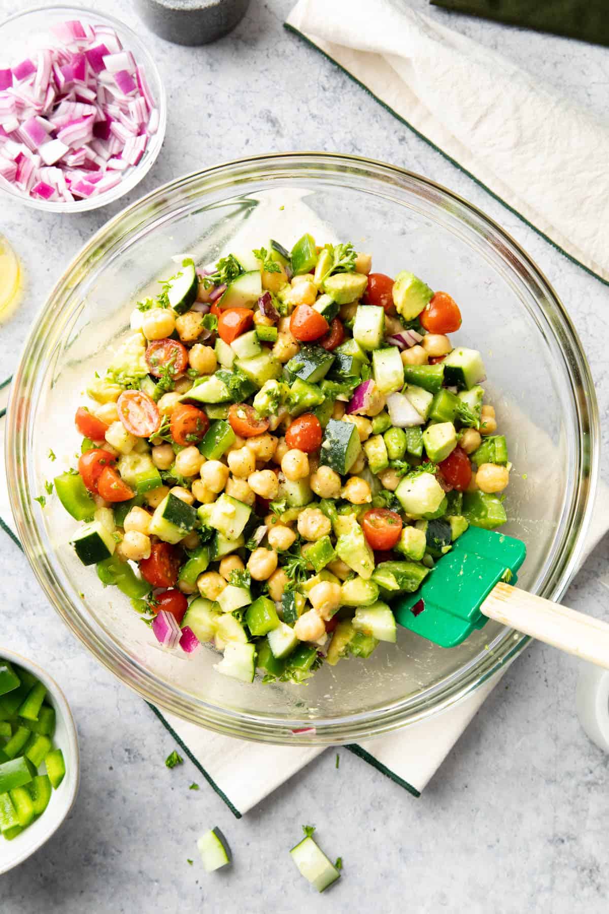 Chickpea Salad in a serving bowl on a napkin