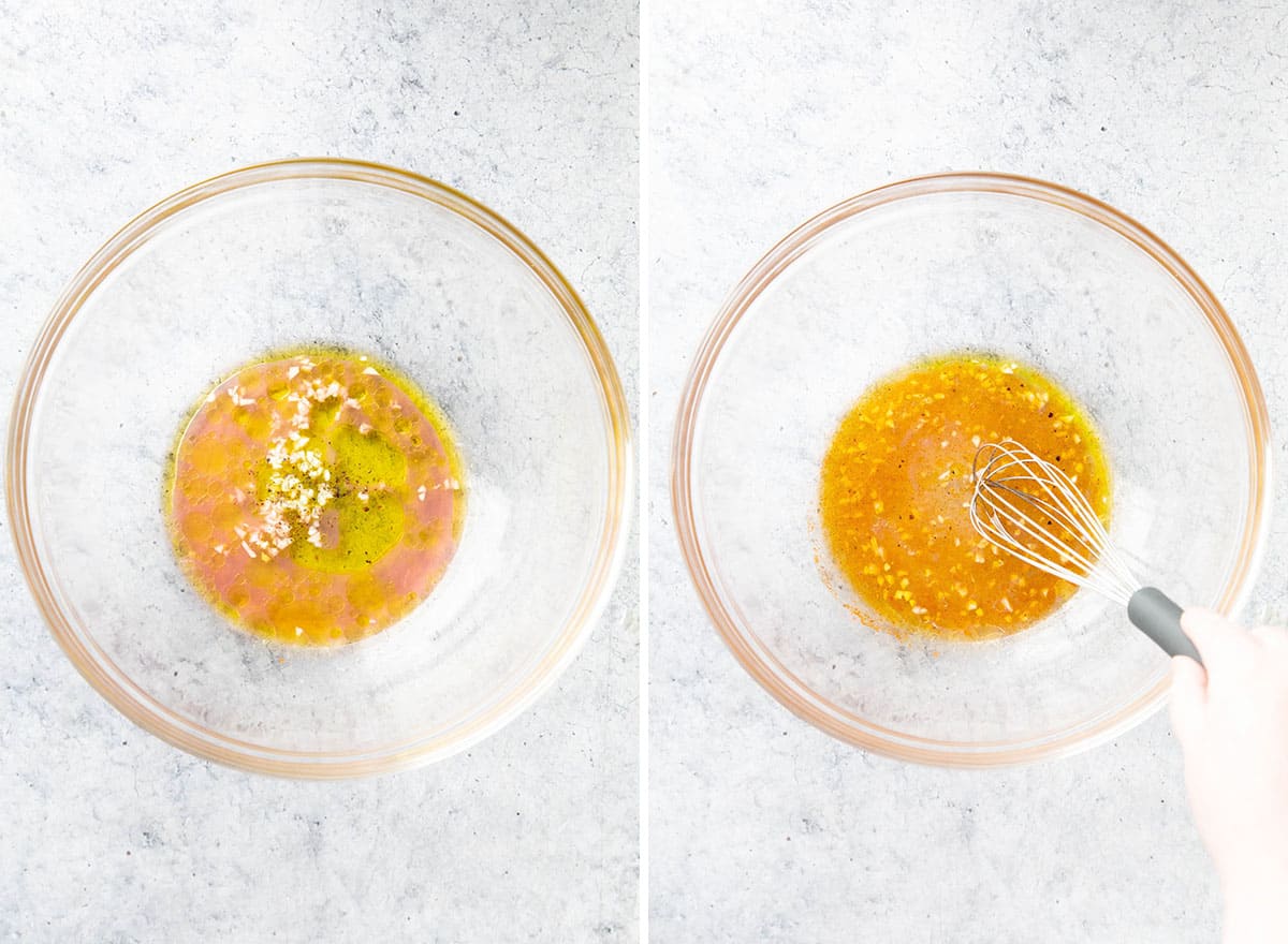 Two photos showing How to Make a Chickpea Salad – preparing salad dressing in a glass bowl 