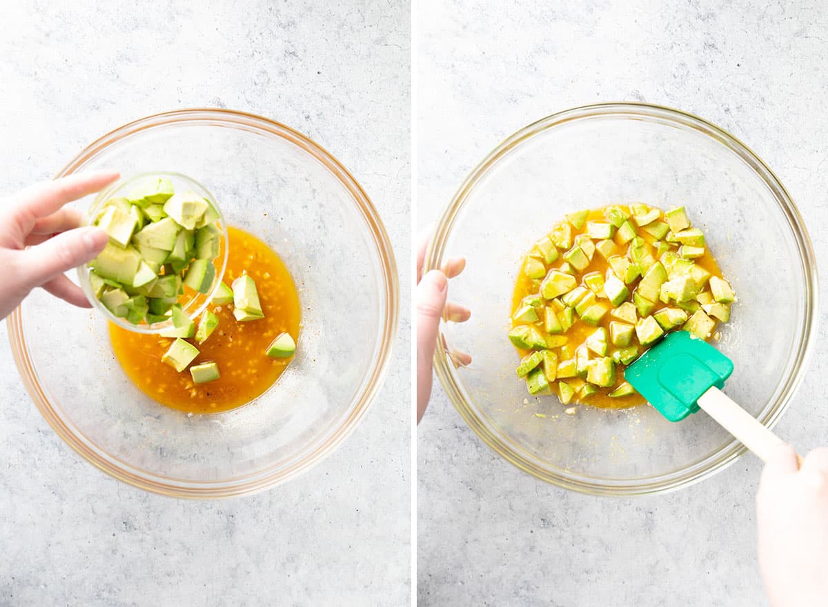 Two photos showing How to Make a Chickpea Salad – folding chopped avocado into dressing 