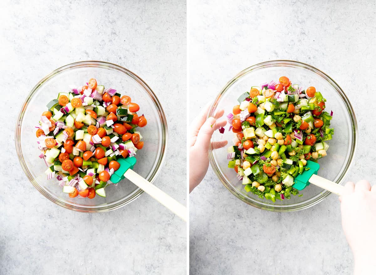 Two photos showing How to Make a Chickpea Salad – adding chopped vegetables and chickpeas