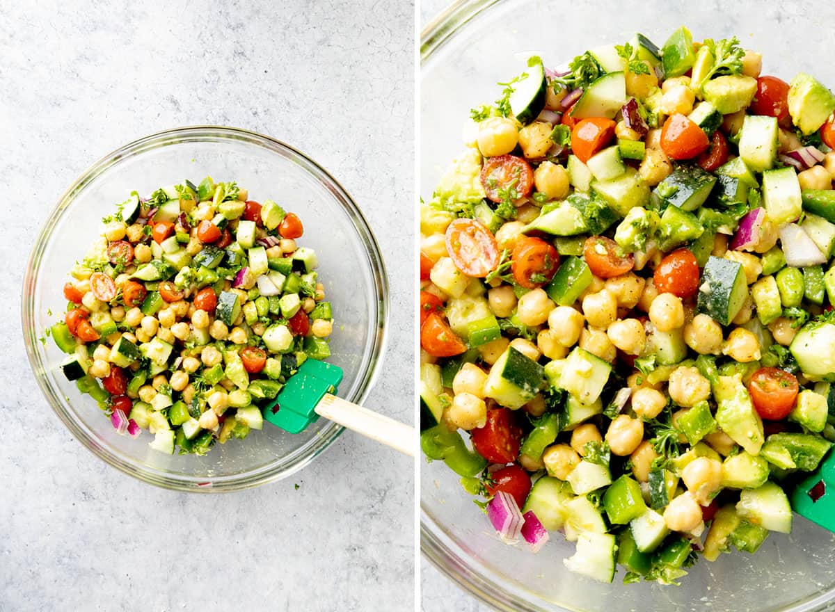 Two photos showing How to Make this recipe – stirring and folding chopped vegetables until well coated 