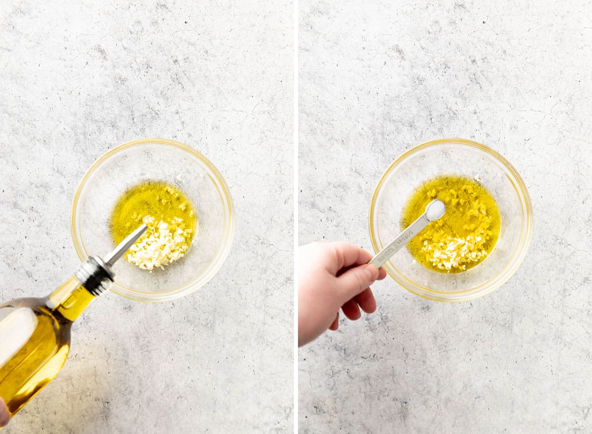 Two photos showing How to Make Garlic Toast – adding olive oil, garlic, and salt