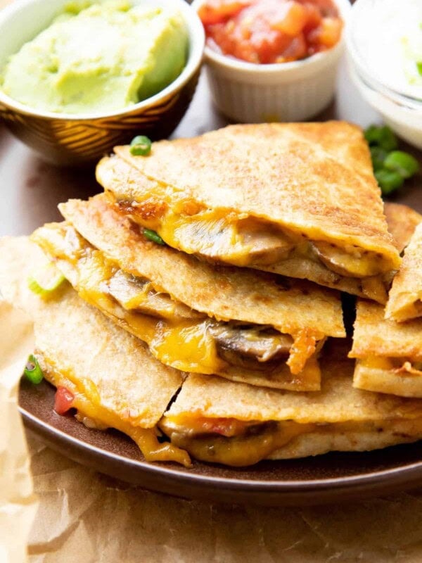 Mushroom Quesadilla sliced and stacked on a plate