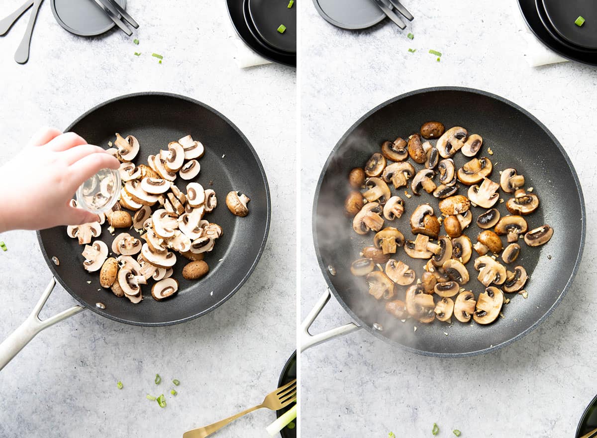 Two photos showing How to Make a Mushroom Quesadilla – sauté mushrooms on a skillet