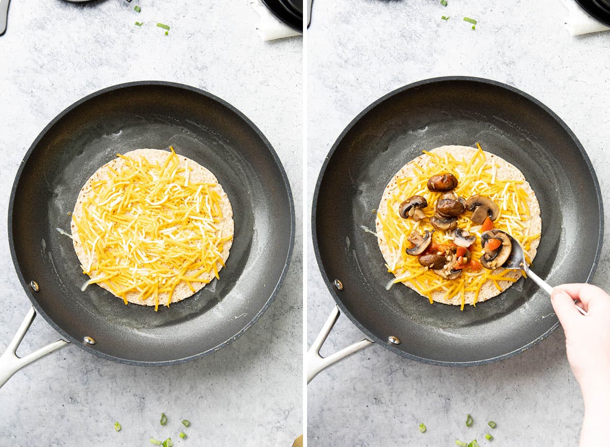 Two photos showing How to Make a Mushroom Quesadilla – melting cheese and mushrooms onto a tortilla