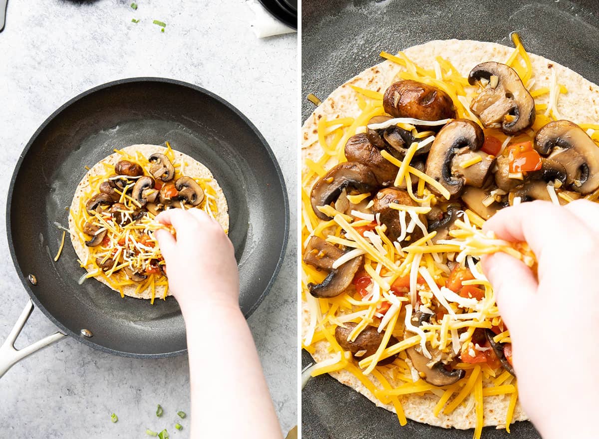 Hand sprinkling mexican cheese over sauteed mushrooms and veggie on cooking tortilla