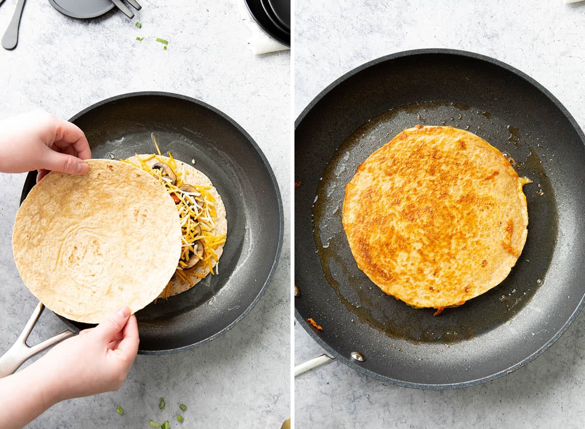 Two photos showing How to Make this recipe – adding a second tortilla and cooking