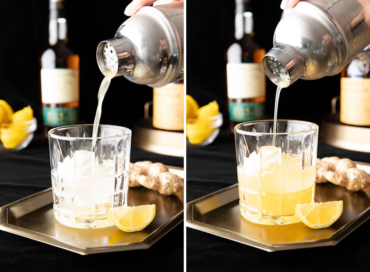 Two photos showing how to make a Penicillin Cocktail – straining cocktail mixture into an old fashioned glass