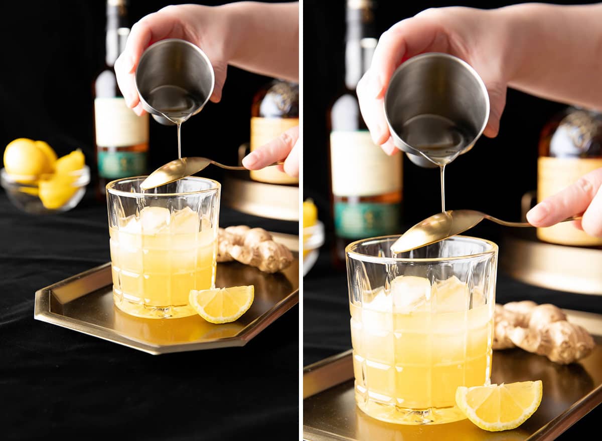 Two photos showing how to make a Penicillin Cocktail – floating Islay Scotch over the back of a spoon