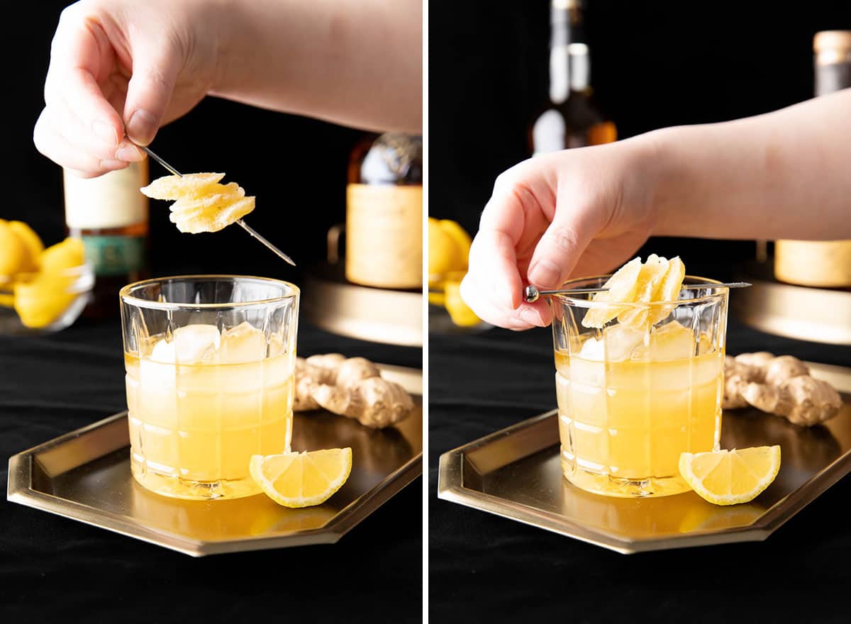 Two photos showing how to make a Penicillin Cocktail – adding ginger skewer garnish