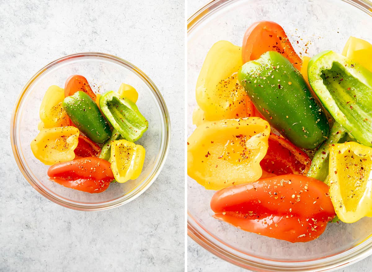 Two photos showing How to make Roasted Bell Peppers – adding spices