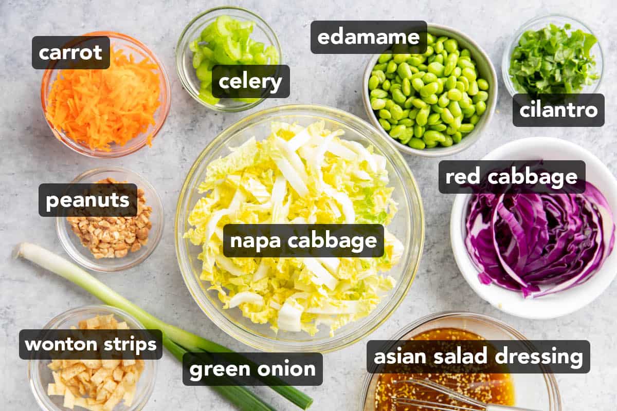 Asian Salad ingredients organized on a table with labels