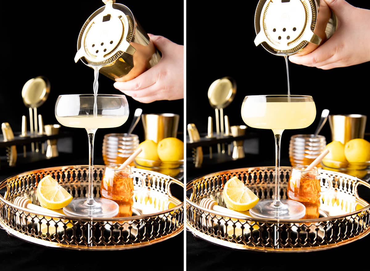 Two photos showing How to make a Bee’s Knees Cocktail – straining cocktail into a glass 