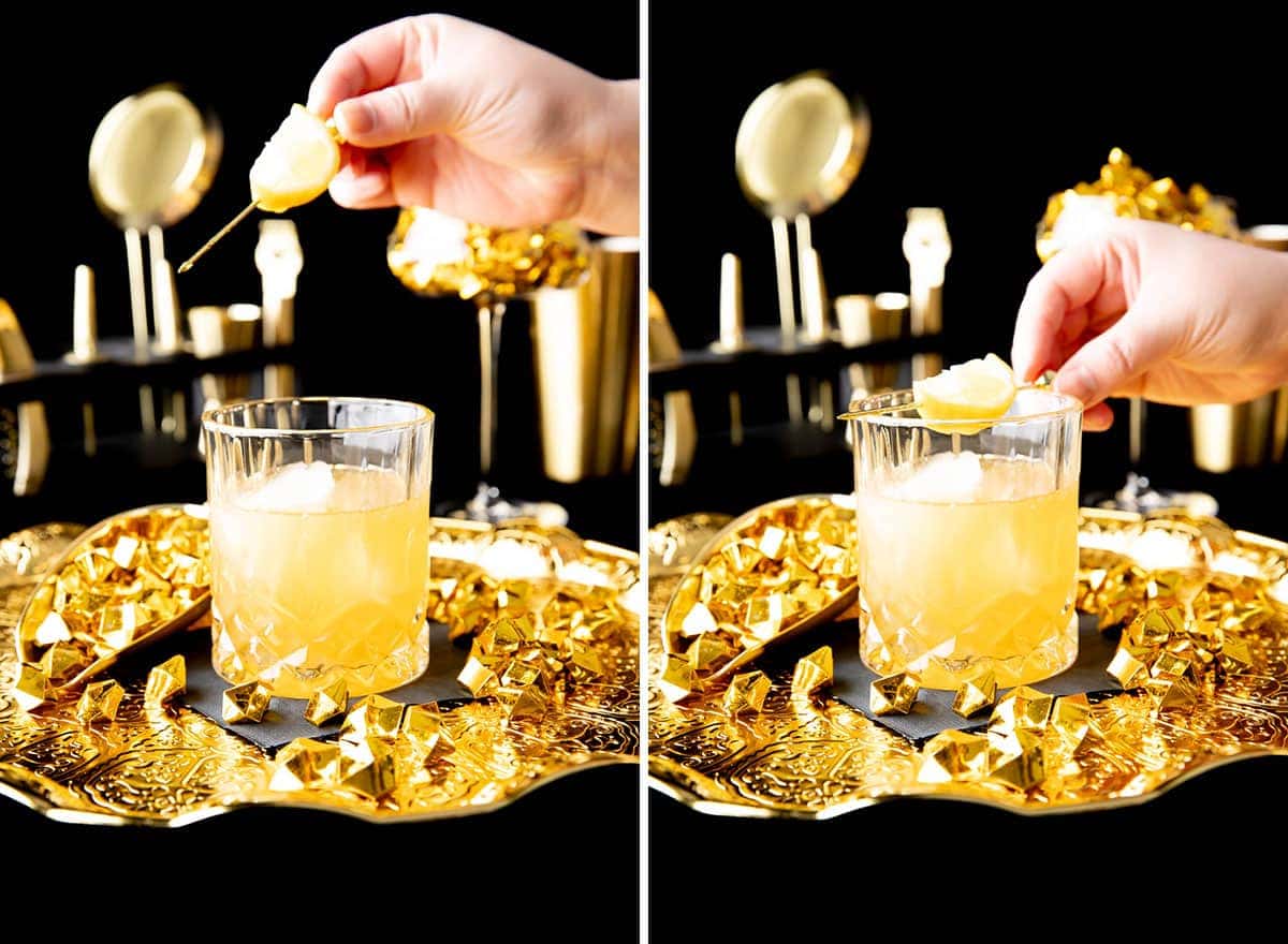 Two photos showing How to to make this bourbon mixed drink – adding lemon skewer garnish 