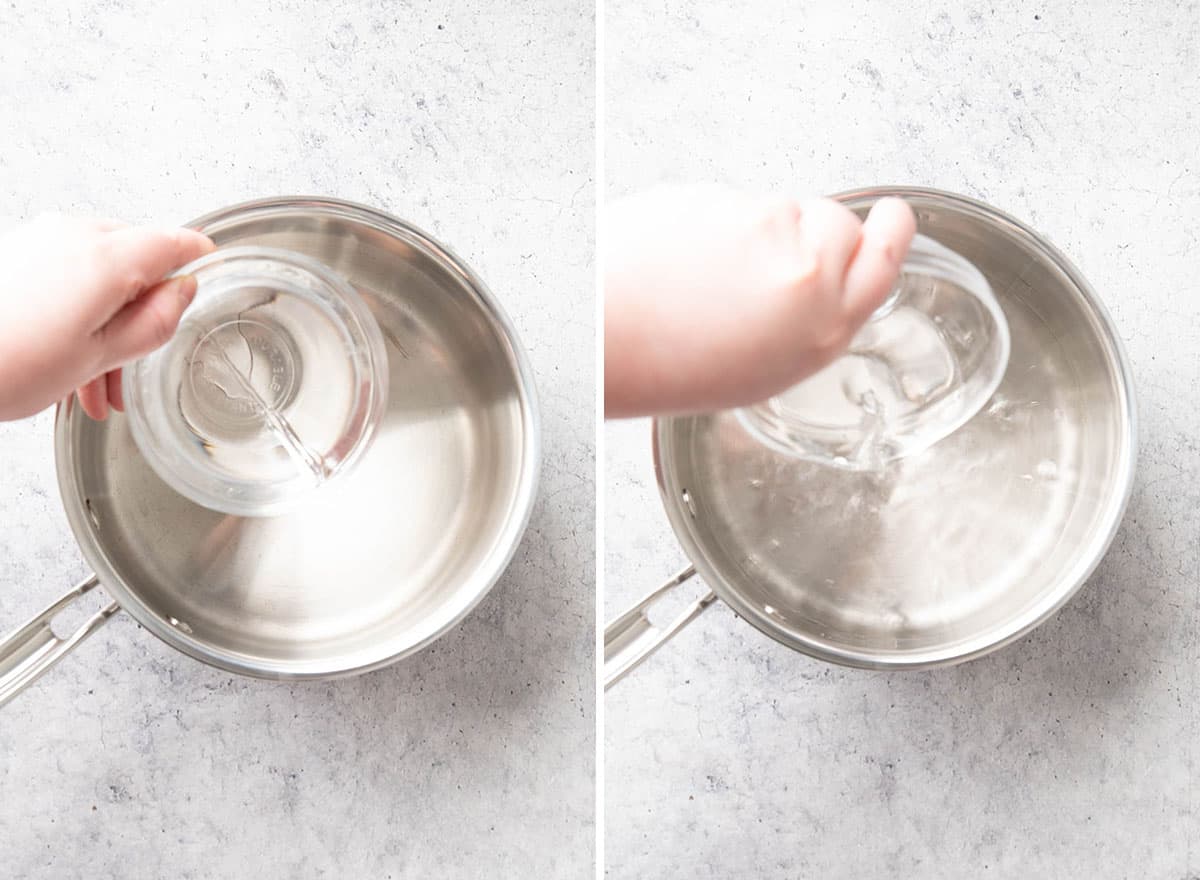 Two photos showing How to Make Honey Syrup – adding water to saucepan