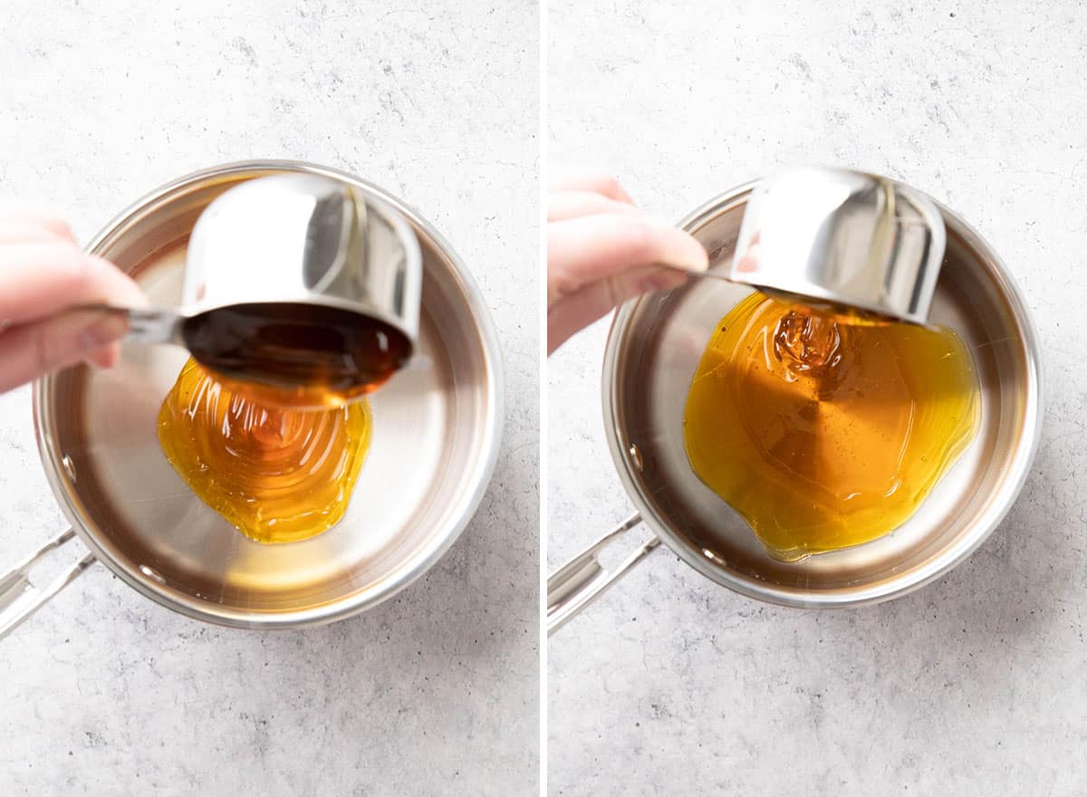 Two photos showing How to Make Honey Syrup – adding honey