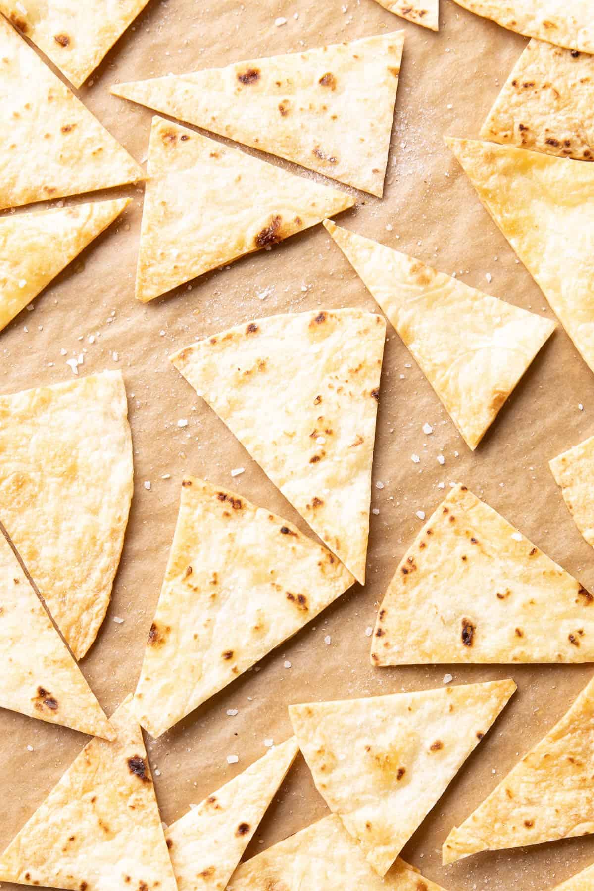 Close up of baked tortilla chips with salt 