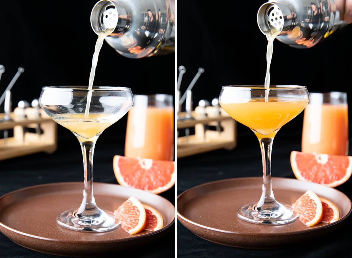 Two photos showing How to Make a Brown Derby – Straining cocktail into coupe glass