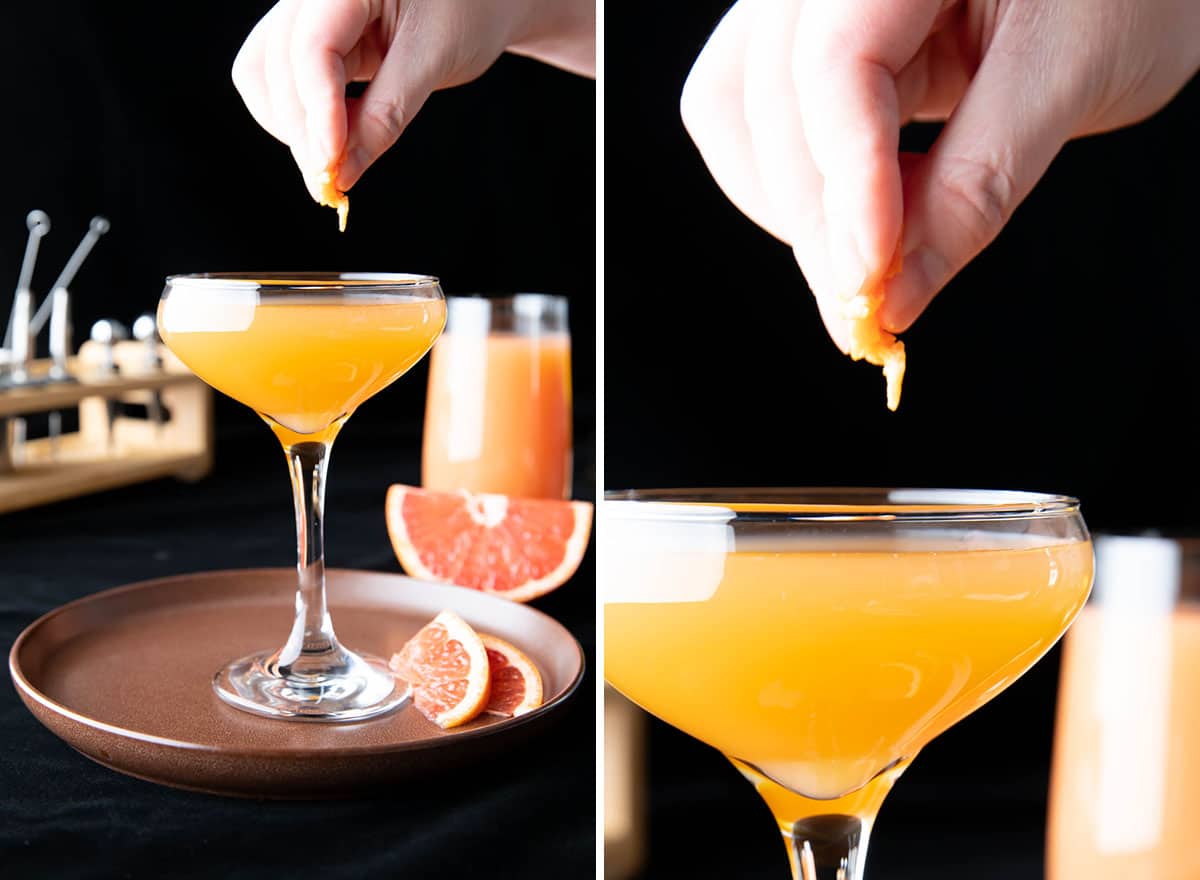 Two photos showing How to Make a Brown Derby – expressing grapefruit oil from grapefruit twist over drink 