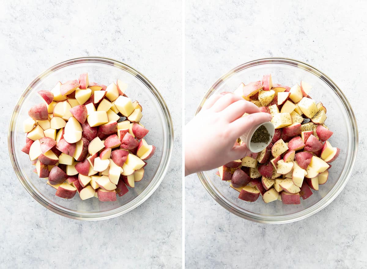 Two photos showing how to make garlic parmesan roasted potatoes – adding potatoes and seasonings to a mixing bowl