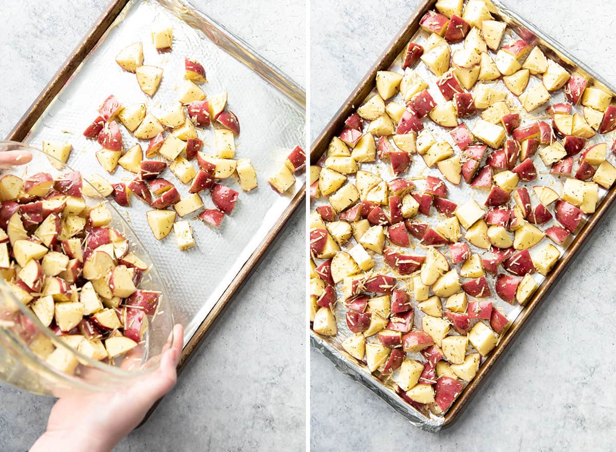 Two photos showing how to make this recipe – pouring bowl of ingredients onto baking sheet