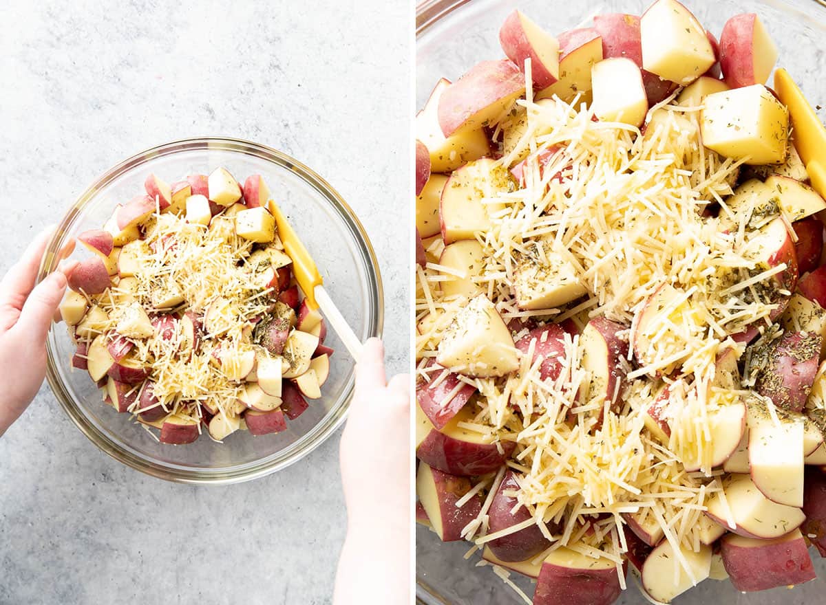 Two photos showing how to make garlic roasted potatoes – stirring all ingredients together