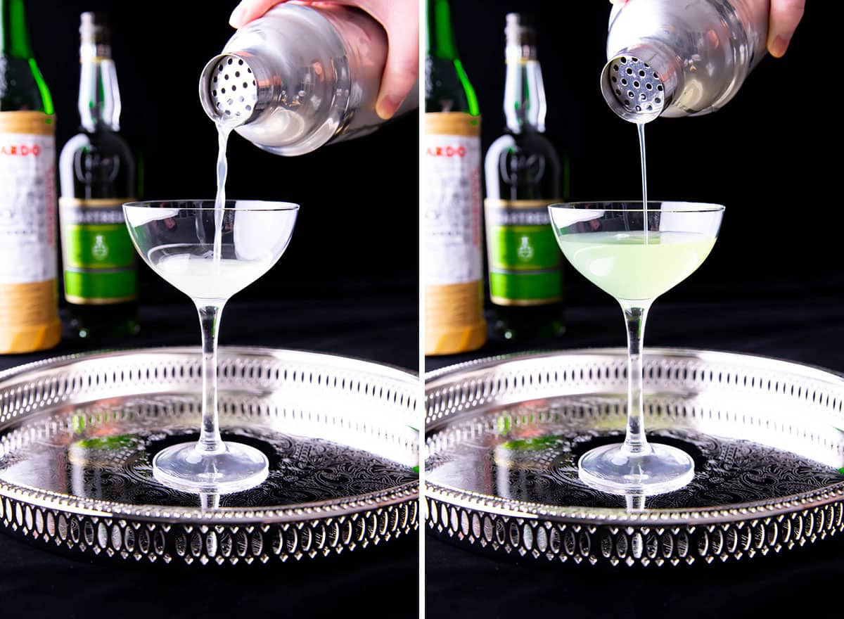 Two photos showing How to Make a Last Word Cocktail – pouring the drink from a cocktail shaker