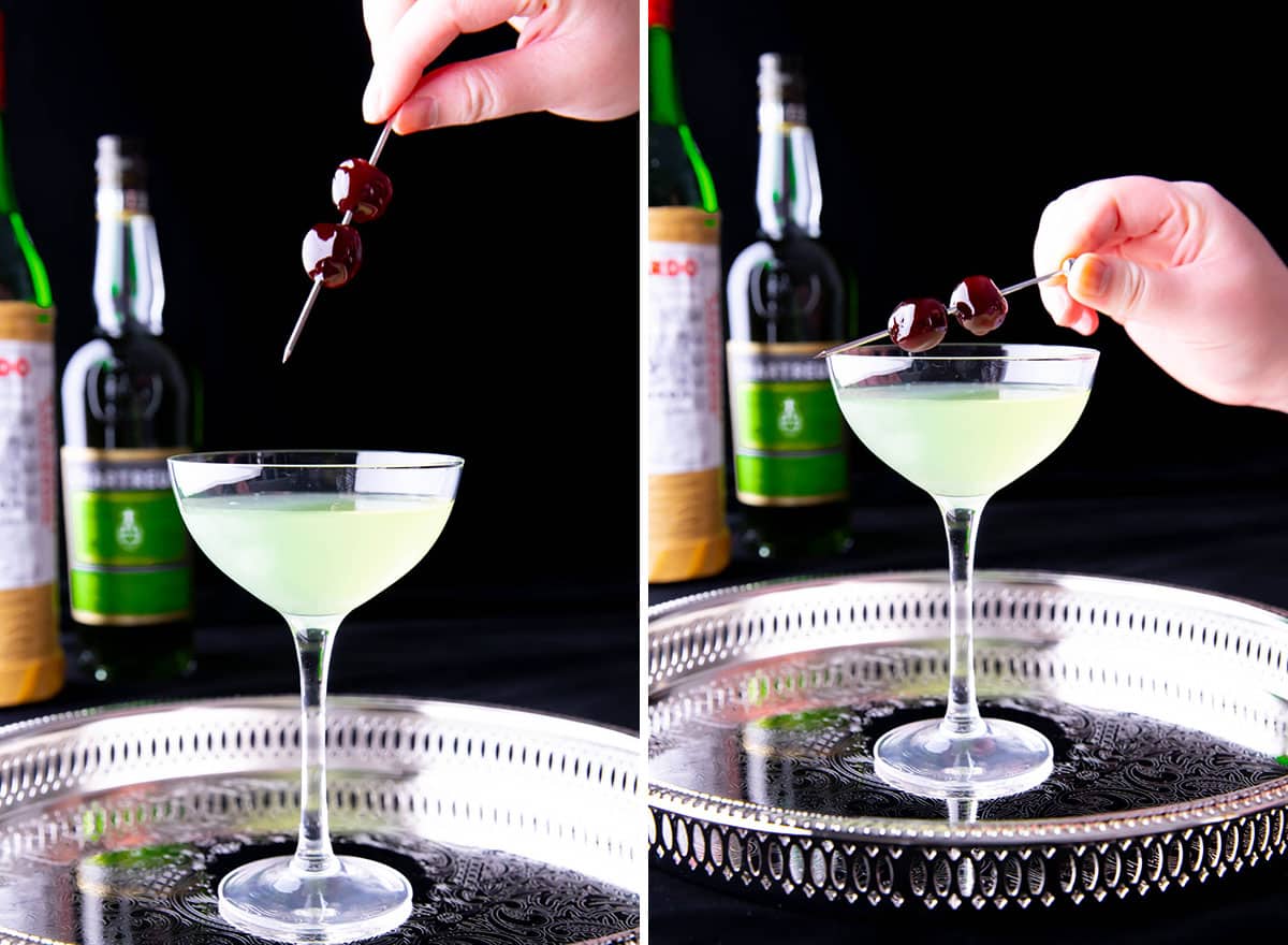 Two photos showing How to Make a Last Word Cocktail – adding a brandied cherry garnish