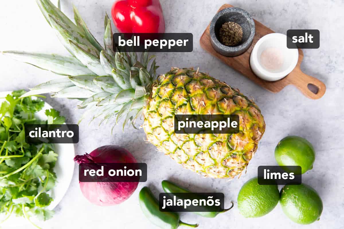 Pineapple salsa recipe ingredients laid out on a table including a whole pineapple, limes, a red onion, cilantro, salt and a jalapeño