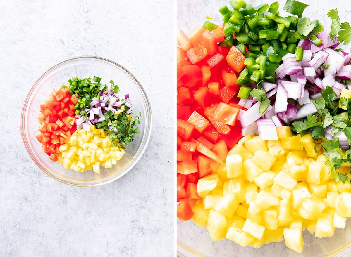 Two photos showing how to make Pineapple Salsa – chopped ingredients organized neatly in a mixing bowl