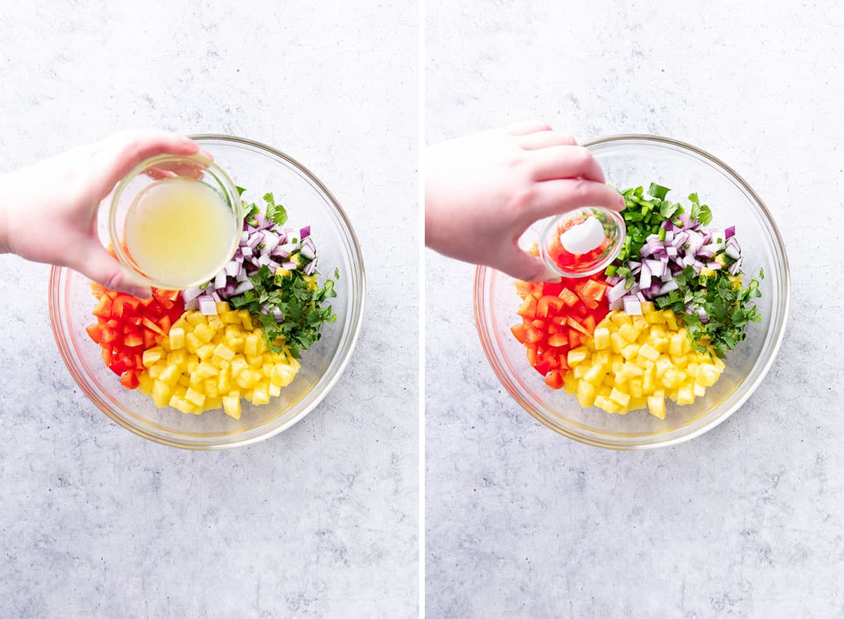 Two photos showing how to make Pineapple Salsa – adding lime juice and salt