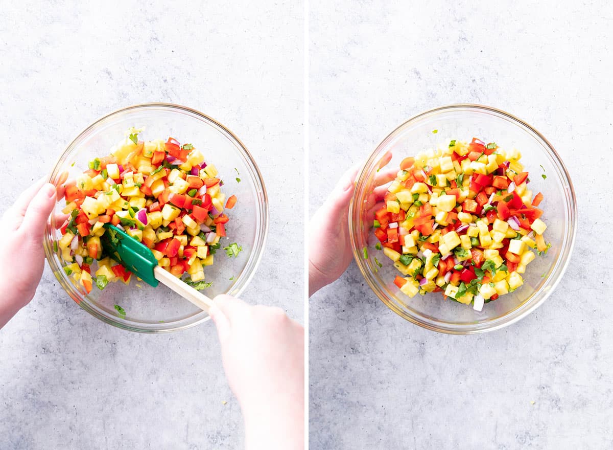 Two photos showing how to make this Mexican inspired salsa – finishing the salsa