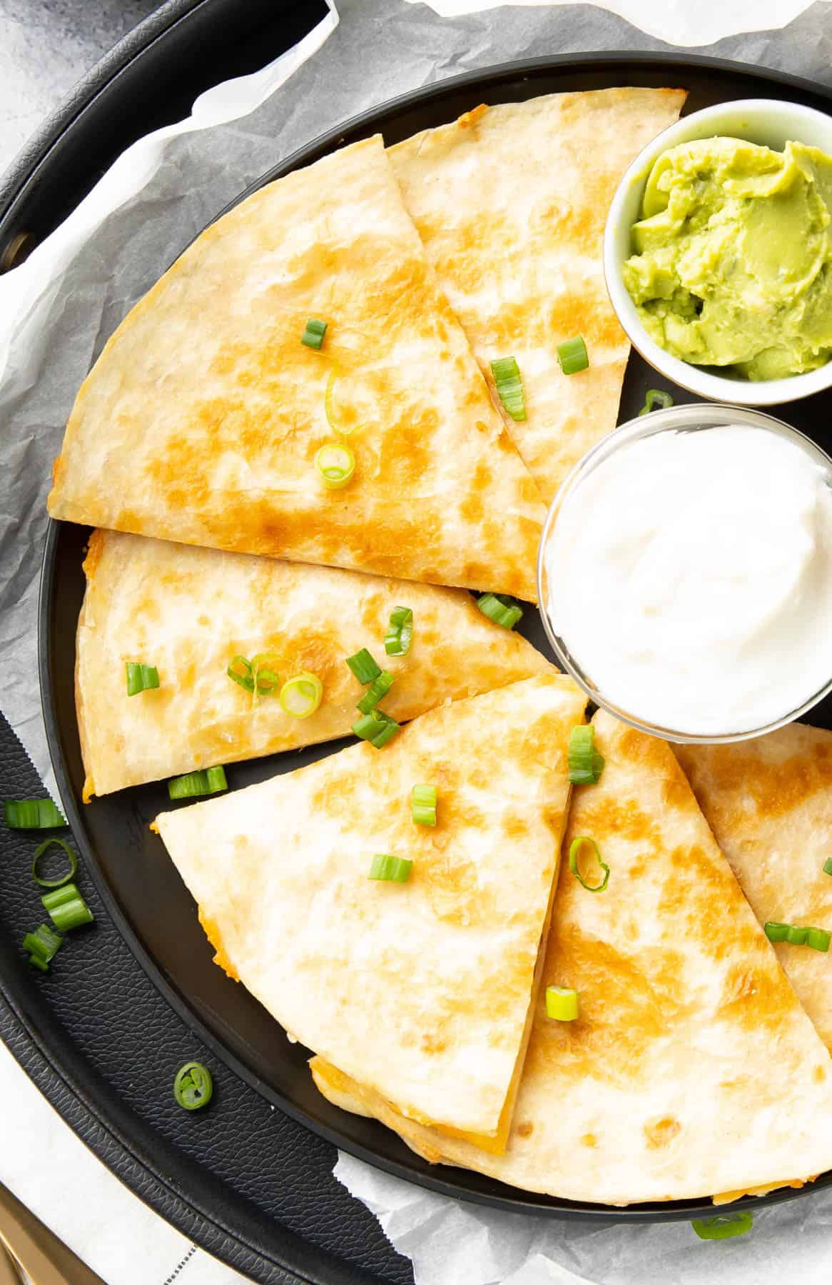 Super close up of the crisp, golden texture of this cheese quesadilla recipe