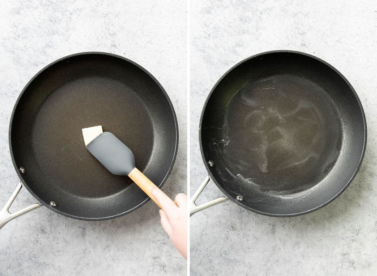 Two photos showing how to make a Cheese Quesadilla – coating skillet with butter