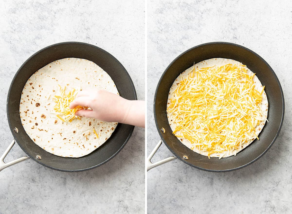 Two photos showing how to make a Cheese Quesadilla – sprinkling cheese onto a tortilla