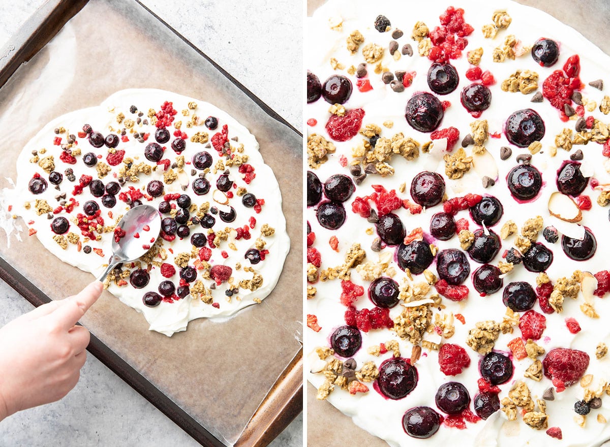 Two photos showing How to Make this recipe – pressing toppings into yogurt with a spoon