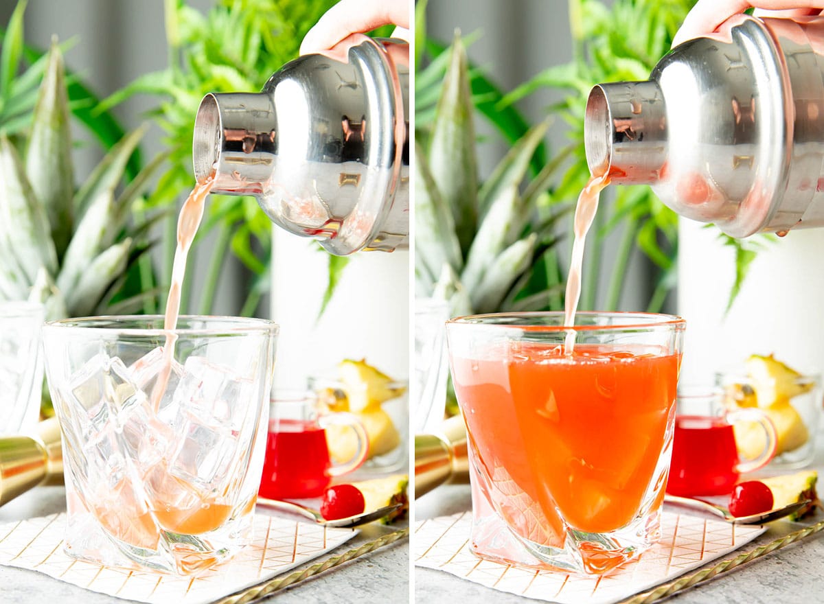 Two photos showing How to Make a Jungle Bird Cocktail – straining the drink mixture from a cocktail shaker into a glass filled with ice