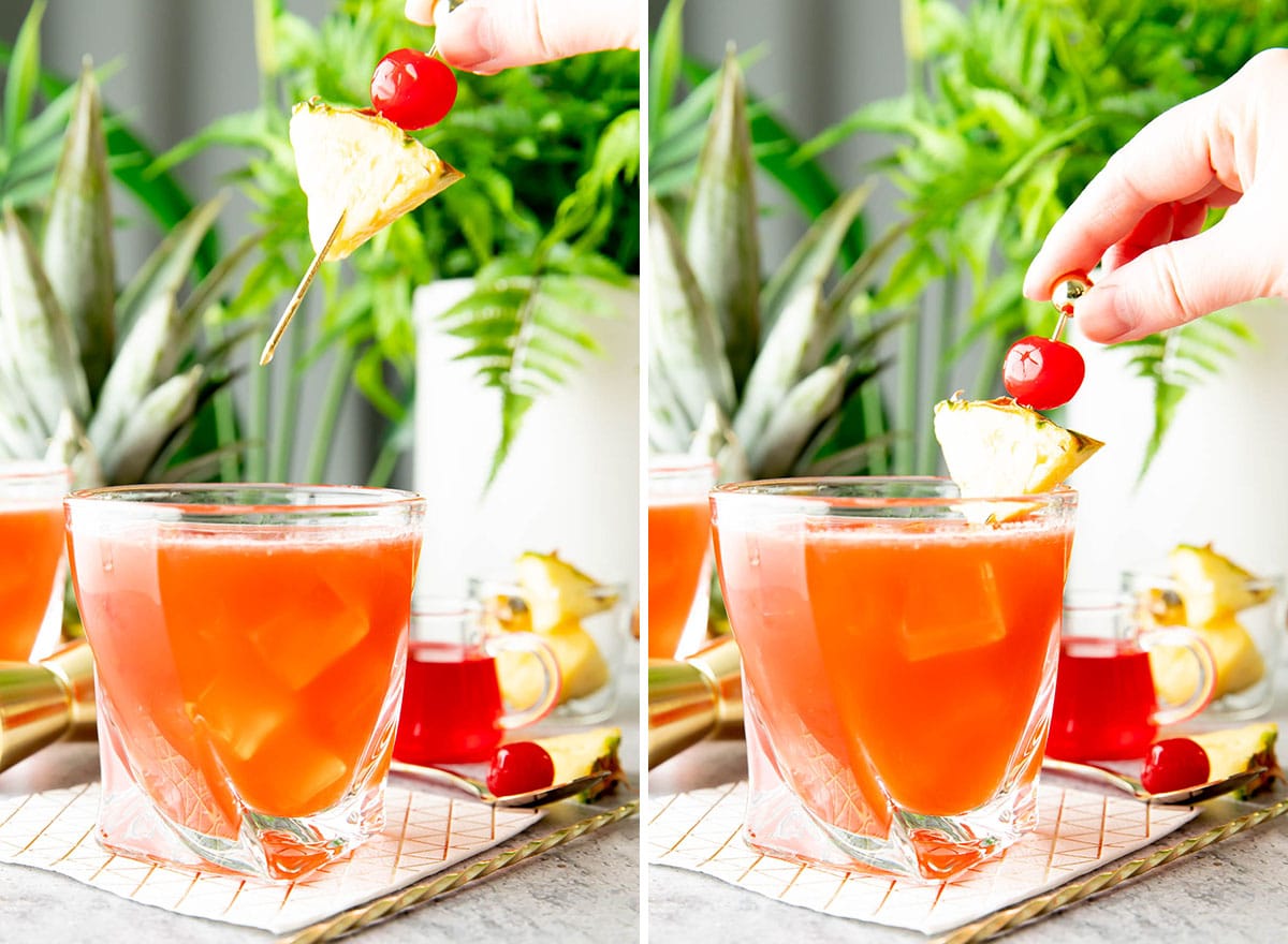 Two photos showing How to Make a Jungle Bird Cocktail – adding a pineapple cherry garnish
