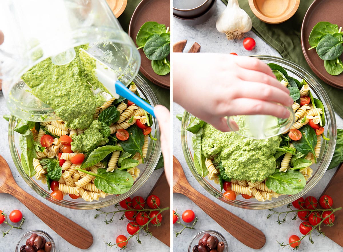 Two photos showing how to make this recipe – adding pesto sauce and pasta water over salad