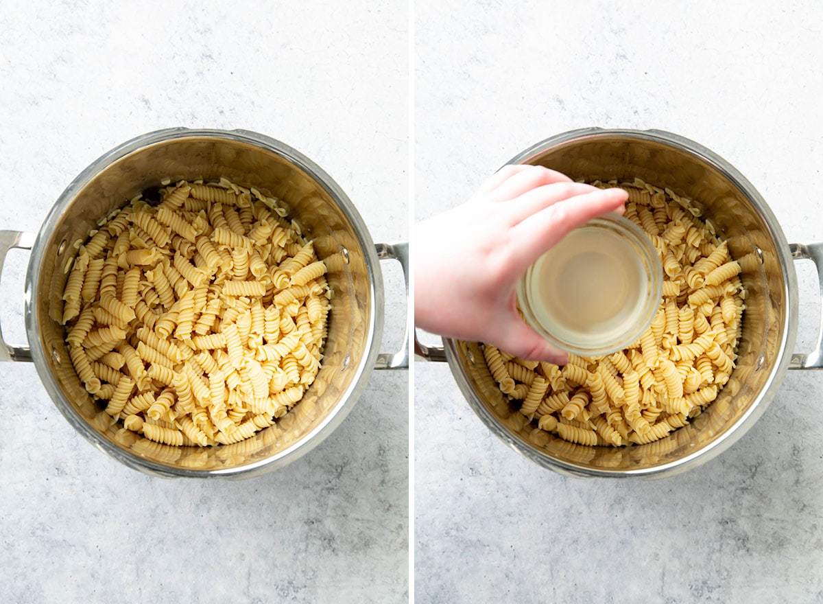 Two photos showing how to make pesto pasta salad – cooking pasta