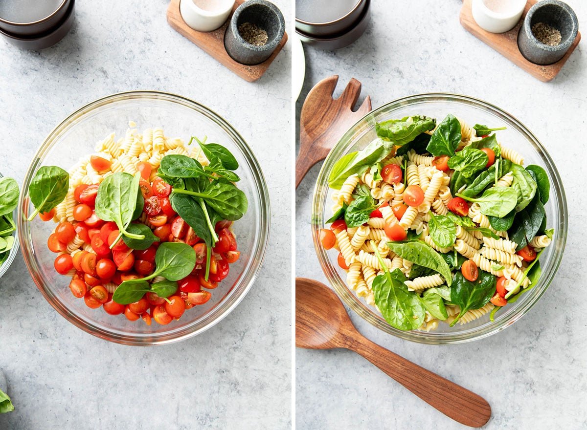Two photos showing how to make pesto pasta salad – stirring tomatoes and basil into pasta