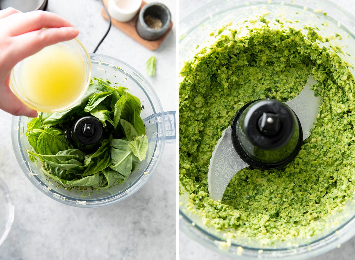 Making pesto - Pouring lemon juice and basil into food processor and blending